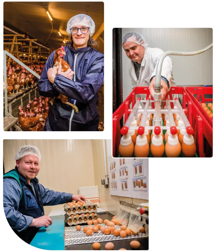 3 personnes dans les différentes chaînes qui composent l'atelier aviculture et conditionnement d'oeufs